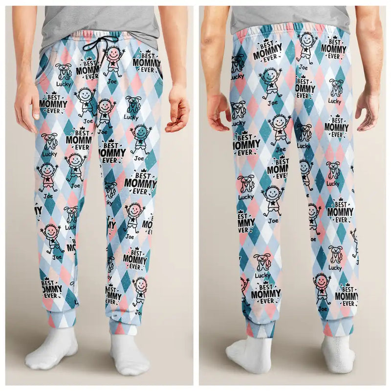 Gift For Grandma,Gift For Mother,Funny,Stick Figure - Best Mom Ever Argyle Plaid - Personalized Pajama Pants