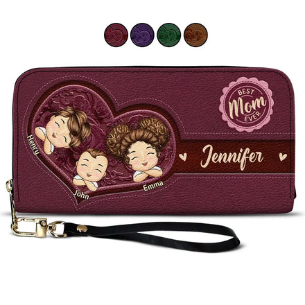 Best Mom Nana Ever Cute Chibi Kids Printed Embossed Flowers - Personalized Leather Long Wallet