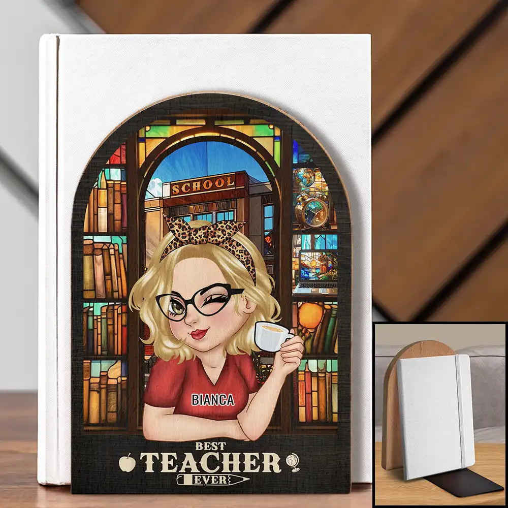 Teacher, Happy, Gift For Yourself - Best Teacher Ever - Personalized Wood Book Ends
