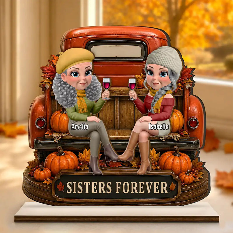 Gift For Bestie,Cozy,Vector - Besties Forever Fall Truck - Personalized Custom Shaped Wooden Plaque