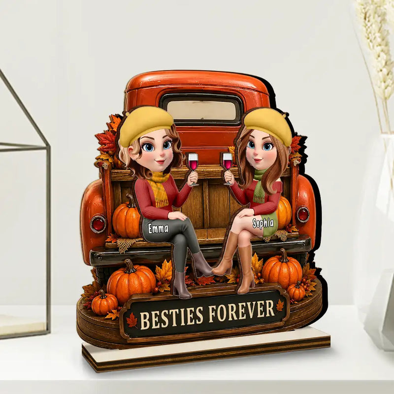 Gift For Bestie,Cozy,Vector - Besties Forever Fall Truck - Personalized Custom Shaped Wooden Plaque
