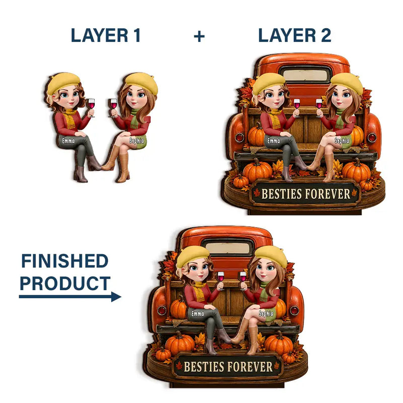 Gift For Bestie,Cozy,Vector - Besties Forever Fall Truck - Personalized Custom Shaped Wooden Plaque