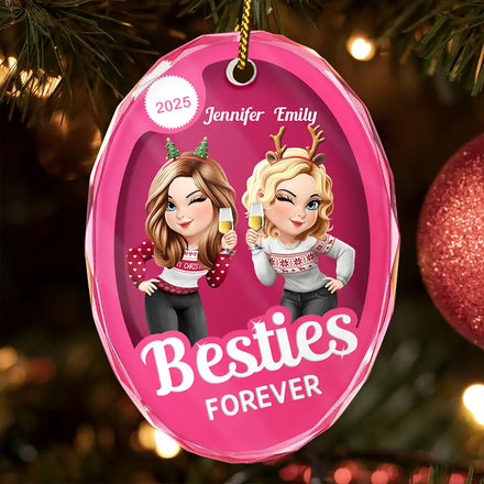 Besties Forever Pink Action Figure 3D Effect - Personalized Oval Glass Ornament