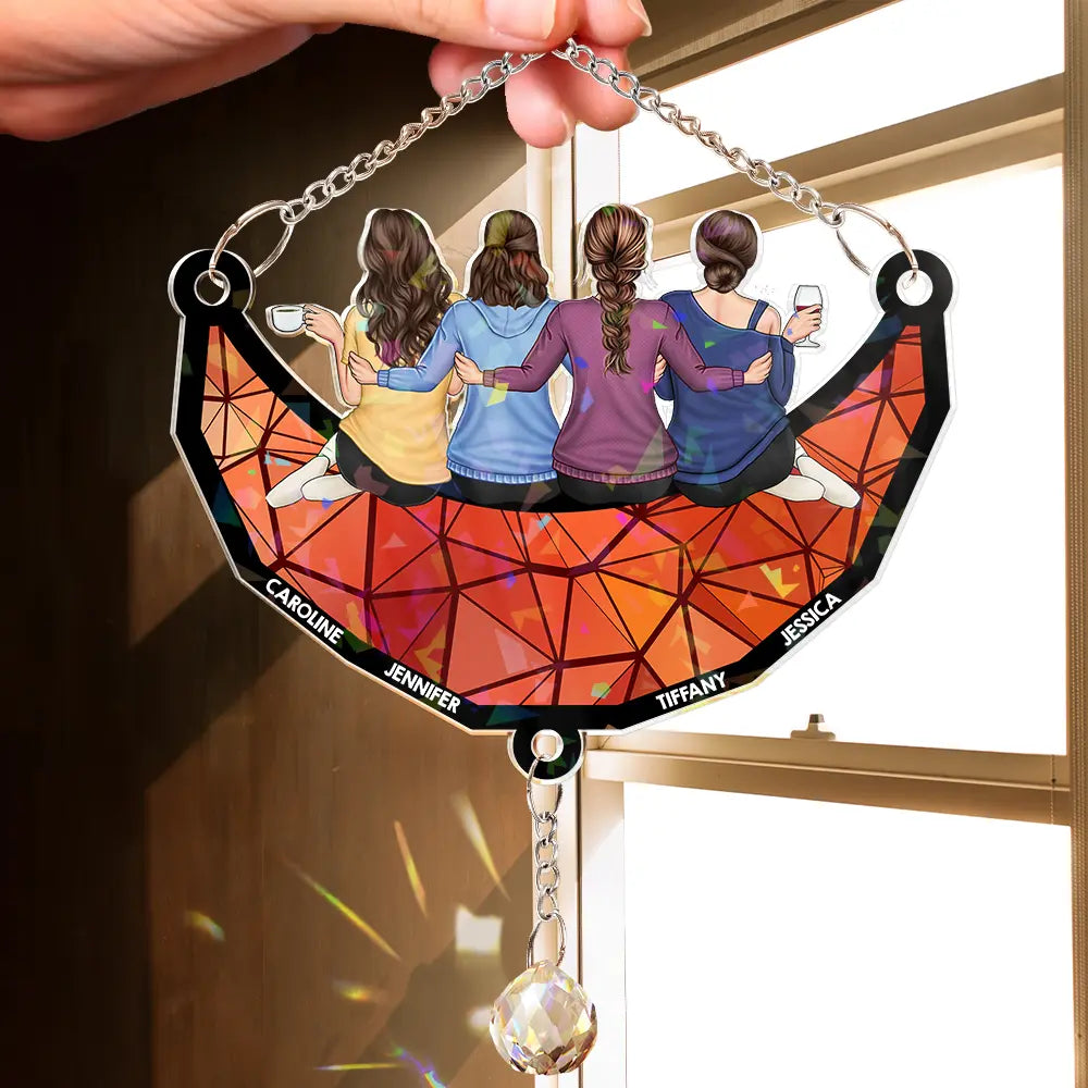 Happy, Gift For Sisters, Gift For Bestie, Gifts For Colleagues - Besties Friends Sitting On The Moon - Personalized Rainbow Suncatcher With Crystal Ball Prism