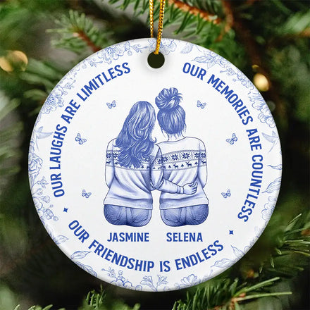 Besties Our Laughs Are Limitless Best Friends Toile - Personalized Circle Ceramic Ornament