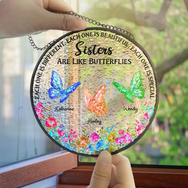 Gift For Bestie, Gift For Sibling, Gift For Sisters - Besties Sisters Friends Are Like Butterflies Crystal Effect - Personalized Stained Glass Window Hanging Suncatcher