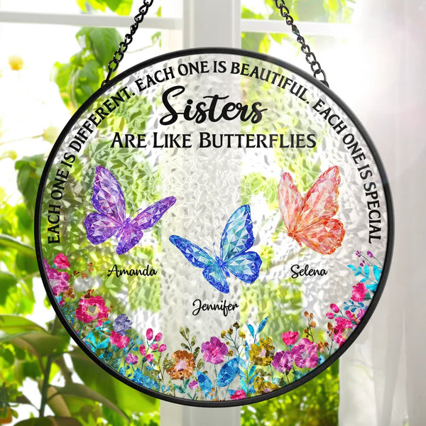 Gift For Bestie, Gift For Sibling, Gift For Sisters - Besties Sisters Friends Are Like Butterflies Crystal Effect - Personalized Stained Glass Window Hanging Suncatcher