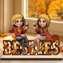 Gift For Bestie,Cozy,Vector - Besties Sitting On Text Marquee Effect - Personalized Custom Shaped Wooden Plaque
