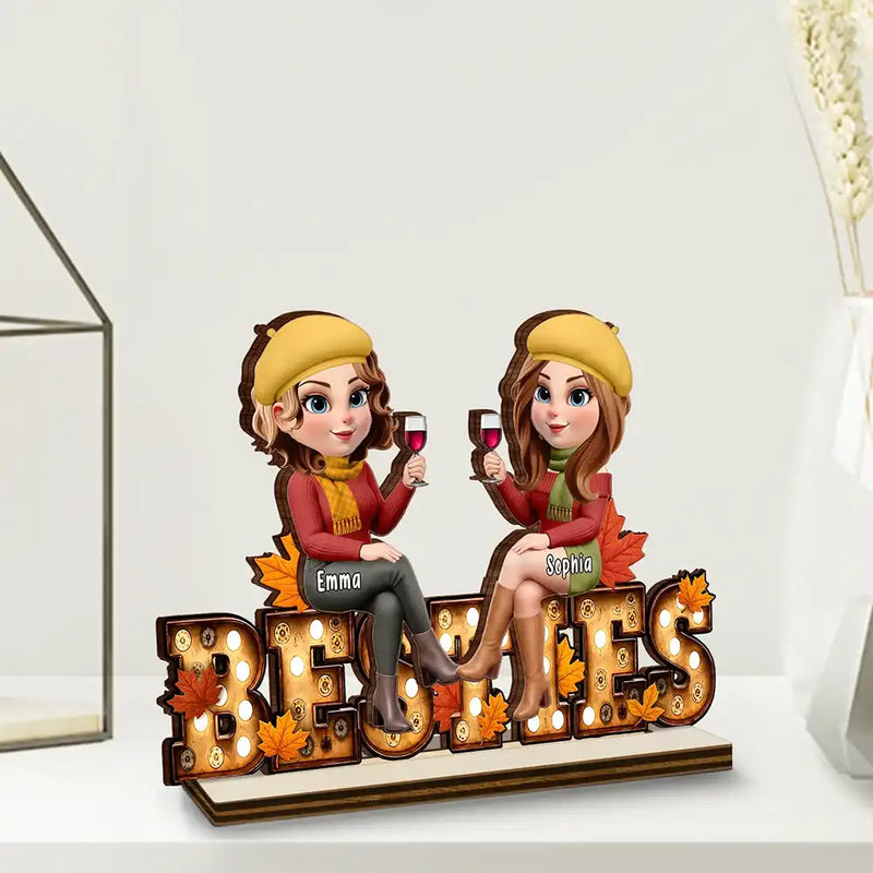 Gift For Bestie,Cozy,Vector - Besties Sitting On Text Marquee Effect - Personalized Custom Shaped Wooden Plaque