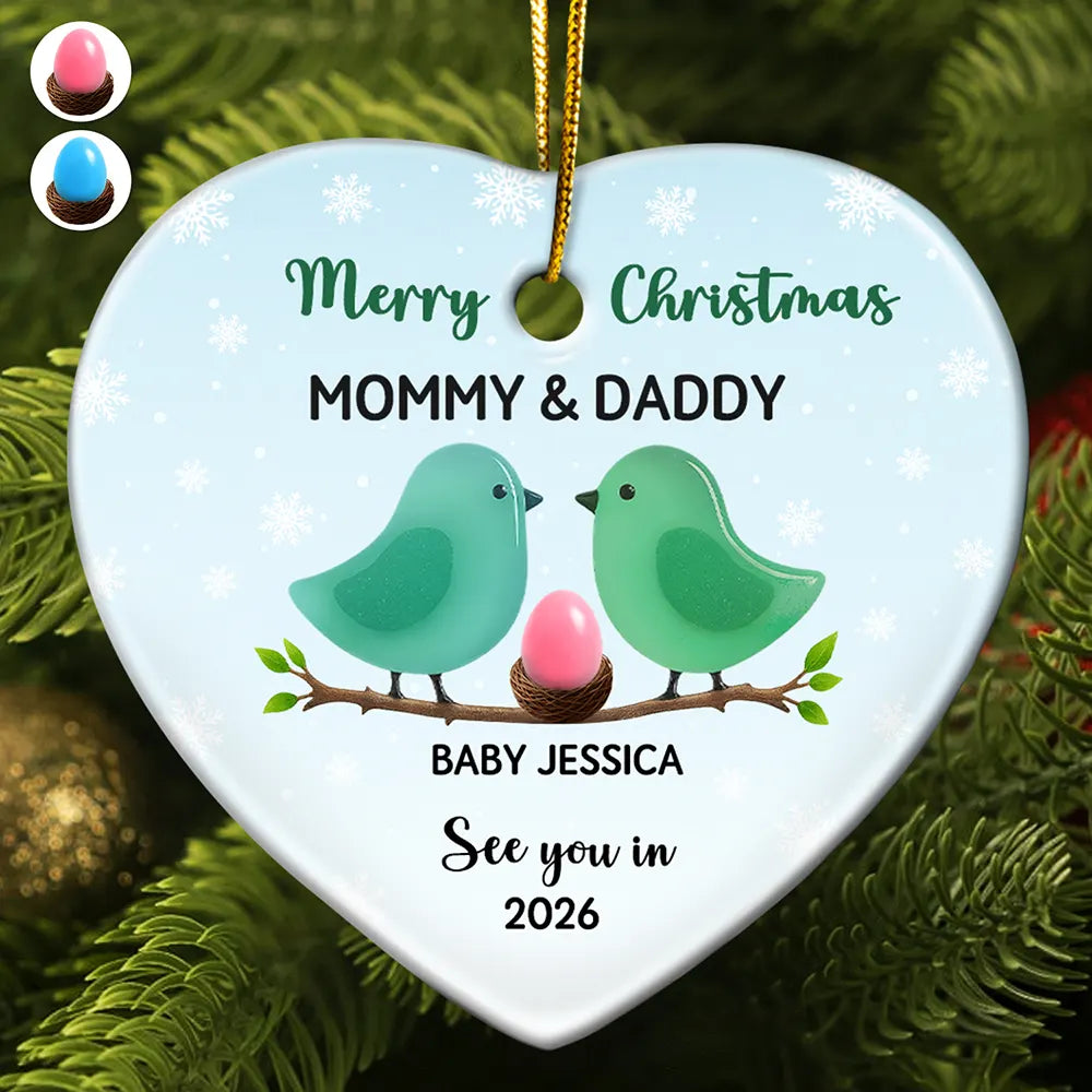 Bird Family Expecting Baby Sea Glass Effect - Personalized Heart Ceramic Ornament