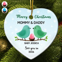 New baby, Christmas, Pregnant Mom - Bird Family Expecting Baby Sea Glass Effect - Personalized Heart Ceramic Ornament