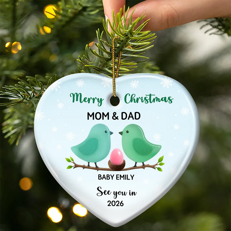 New baby, Christmas, Pregnant Mom - Bird Family Expecting Baby Sea Glass Effect - Personalized Heart Ceramic Ornament