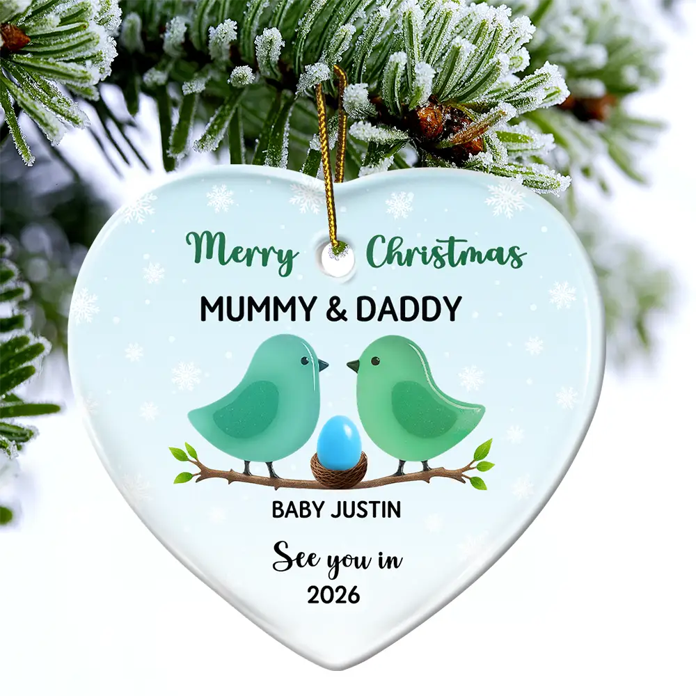 New baby, Christmas, Pregnant Mom - Bird Family Expecting Baby Sea Glass Effect - Personalized Heart Ceramic Ornament