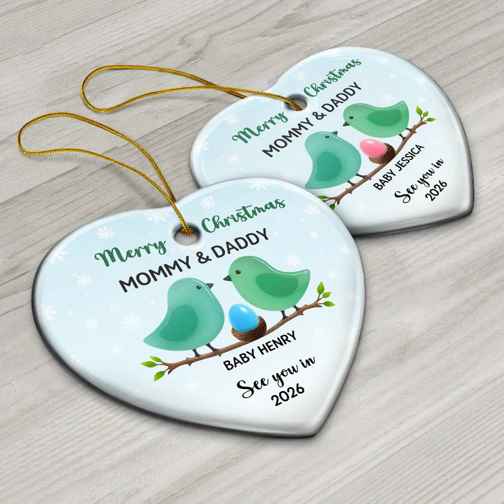 New baby, Christmas, Pregnant Mom - Bird Family Expecting Baby Sea Glass Effect - Personalized Heart Ceramic Ornament