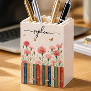 Reading,Gift For Yourself,Gift For Women,Icon,Happy - Birth Month Flower With Name - Personalized Building Block Pen Holder