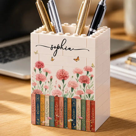 Birth Month Flower With Name - Personalized Building Block Pen Holder