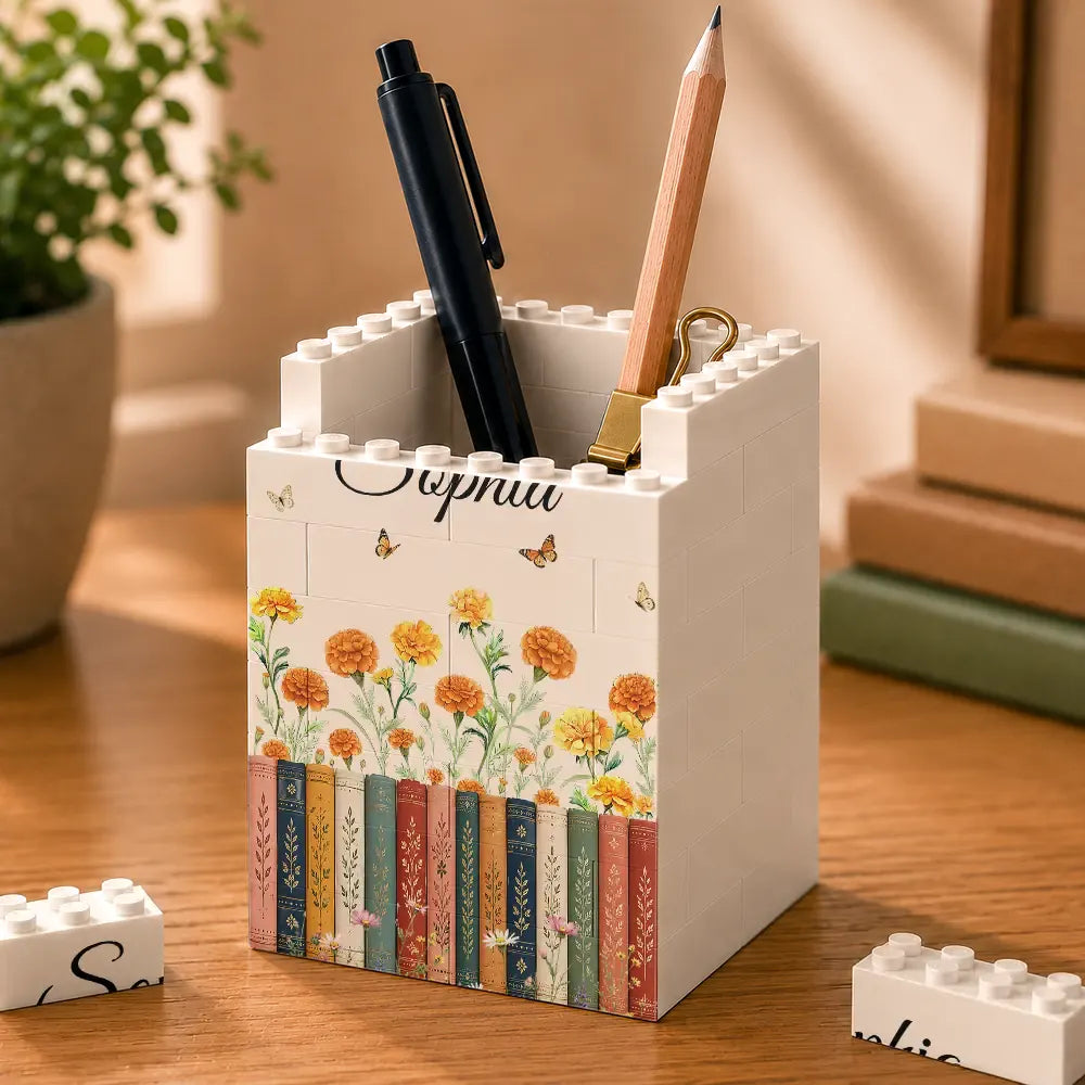 Reading,Gift For Yourself,Gift For Women,Icon,Happy - Birth Month Flower With Name - Personalized Building Block Pen Holder
