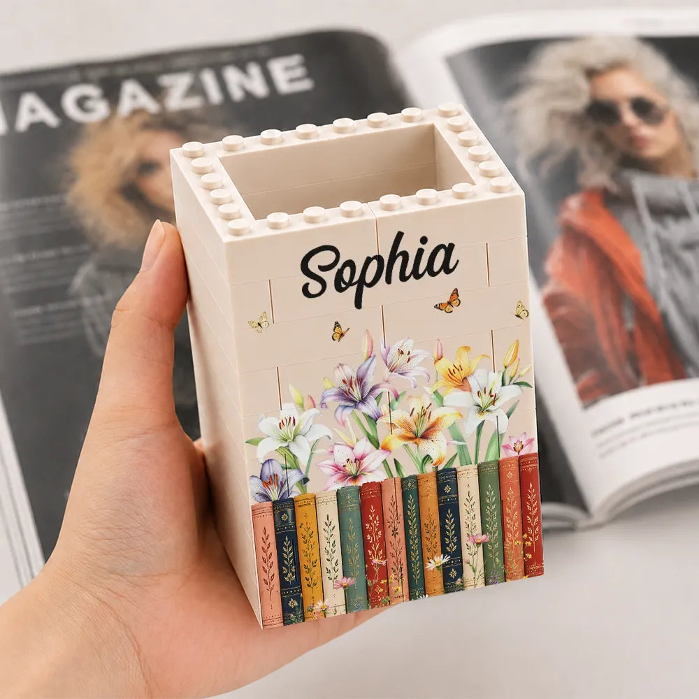 Reading,Gift For Yourself,Gift For Women,Icon,Happy - Birth Month Flower With Name - Personalized Building Block Pen Holder