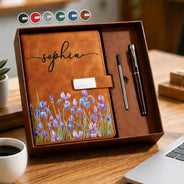 Gift For Wife,Gift For Girlfriend,Gift For Yourself,Gift For Women,Gift For Mother,Gift For Grandma,Love - Birth Month Flowers In Bloom - Personalized Leather Notebook Set