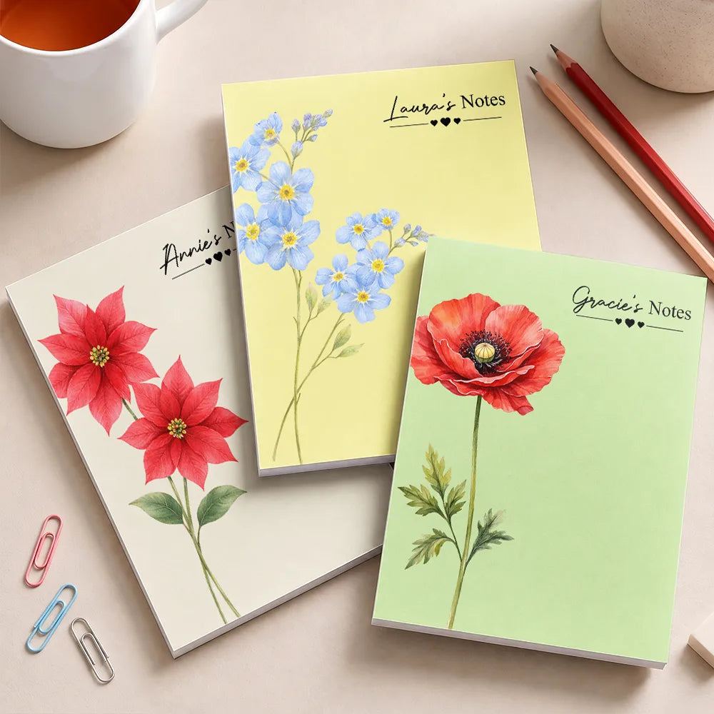 Cozy, Gift For Yourself, Icon - Birth Flower And Name - Personalized Notepad