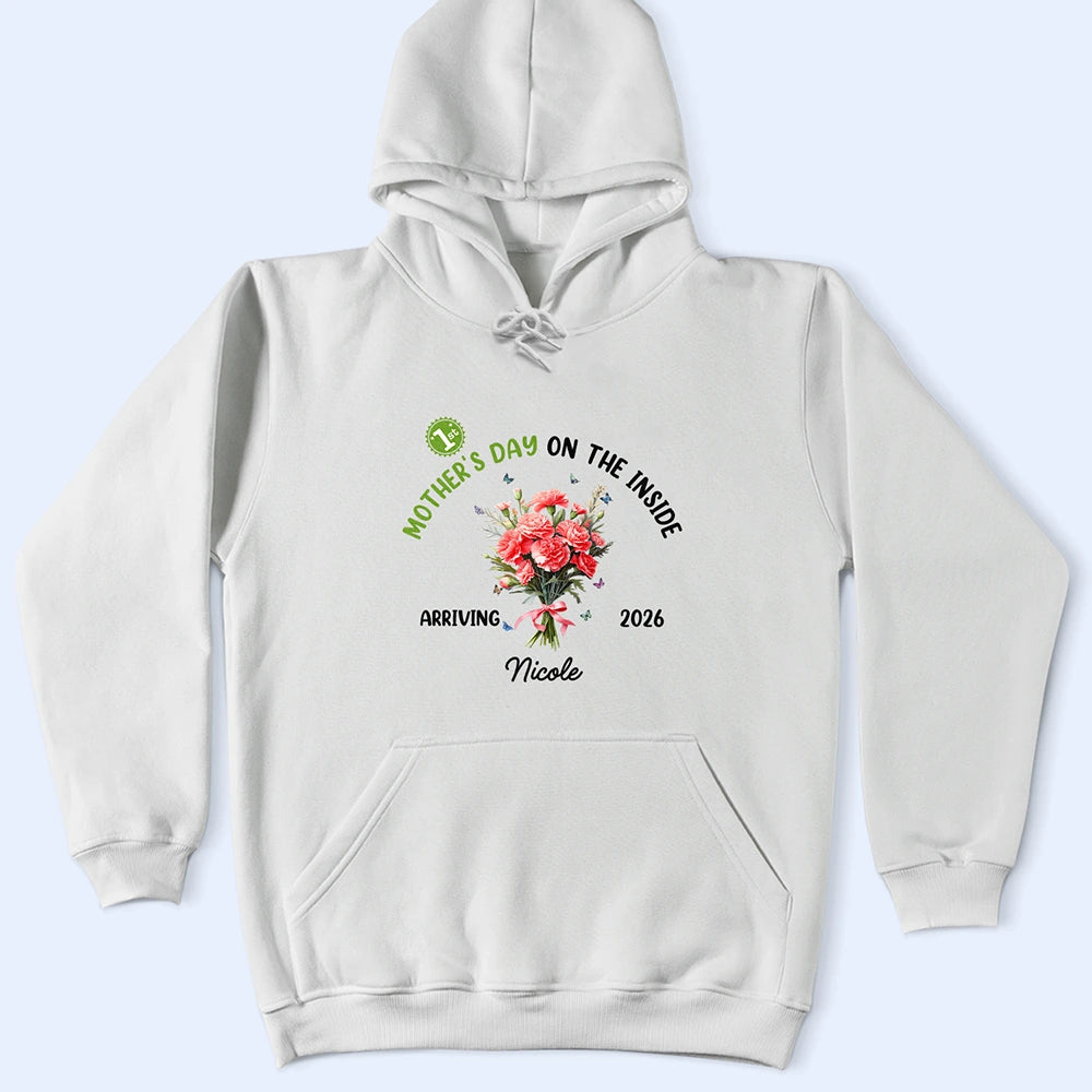 Pregnant Mom,Happy - Birth Flower Baby First Mother's Day On The Inside With Mom - Personalized T Shirt