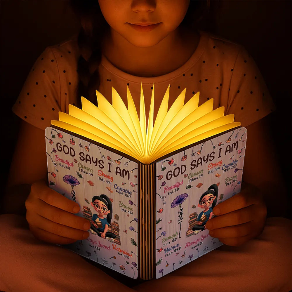 Gift For Bestie, Christmas, Love - Birth Flower Bible Verse God Says I Am - Personalized Book Lamp