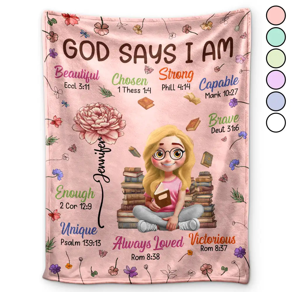 Birth Flower Bible Verse God Says I Am - Personalized Fleece Blanket, Sherpa Blanket
