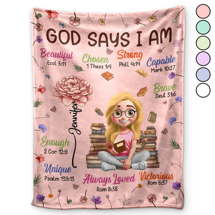 Birth Flower Bible Verse God Says I Am - Personalized Fleece Blanket, Sherpa Blanket