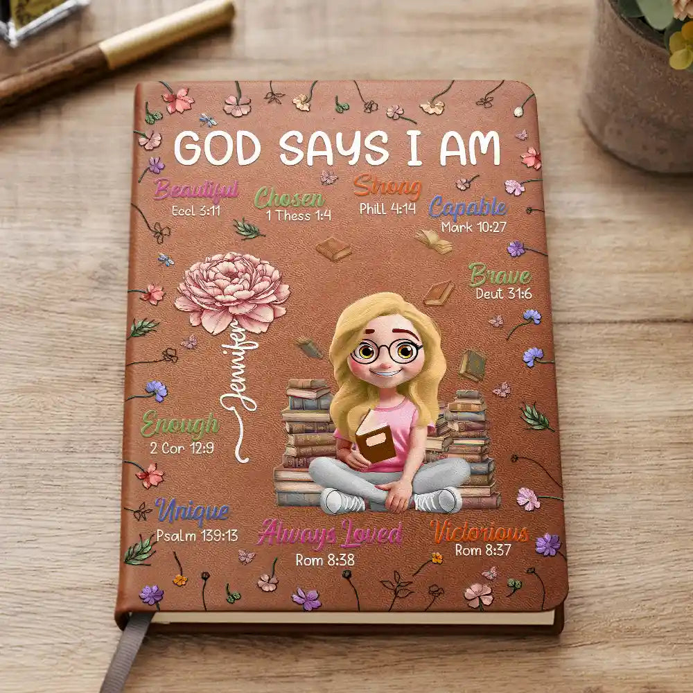 Birth Flower Bible Verse God Says I Am - Personalized Leather Journal