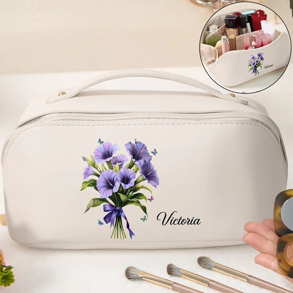 Birth Flower Bouquet - Personalized Leather Makeup Bag