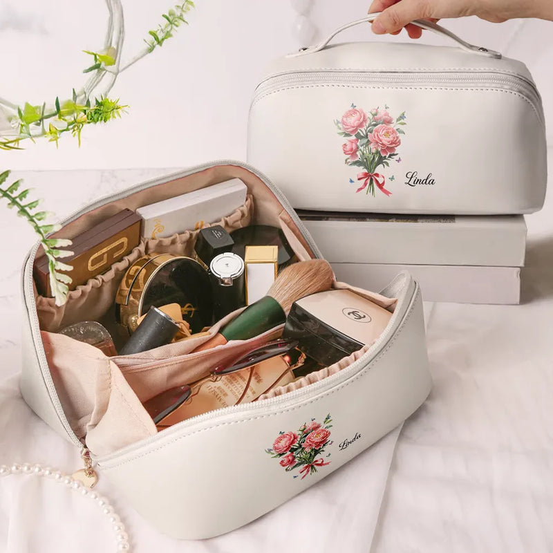 Gift For Yourself, Gift For Women, Gift For Mother, Gift For Daughter, Gift For Sisters, Gift For Bestie, Happy, Top Market - Birth Flower Bouquet - Personalized Leather Makeup Bag