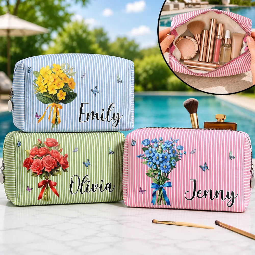 Gift For Yourself, Gift For Women, Summer, Top Market, Confident, Icon - Birth Flower Bouquet - Personalized Striped Cosmetic Bag