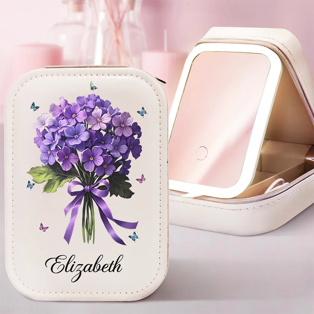 Birth Flower Bouquet And Name - Personalized Makeup Box With LED Mirror