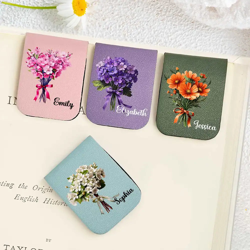 Reading, Gift For Yourself, Gift For Women, Happy - Birth Flower Bouquet Book Keepsake - Personalized Leather Magnetic Bookmark