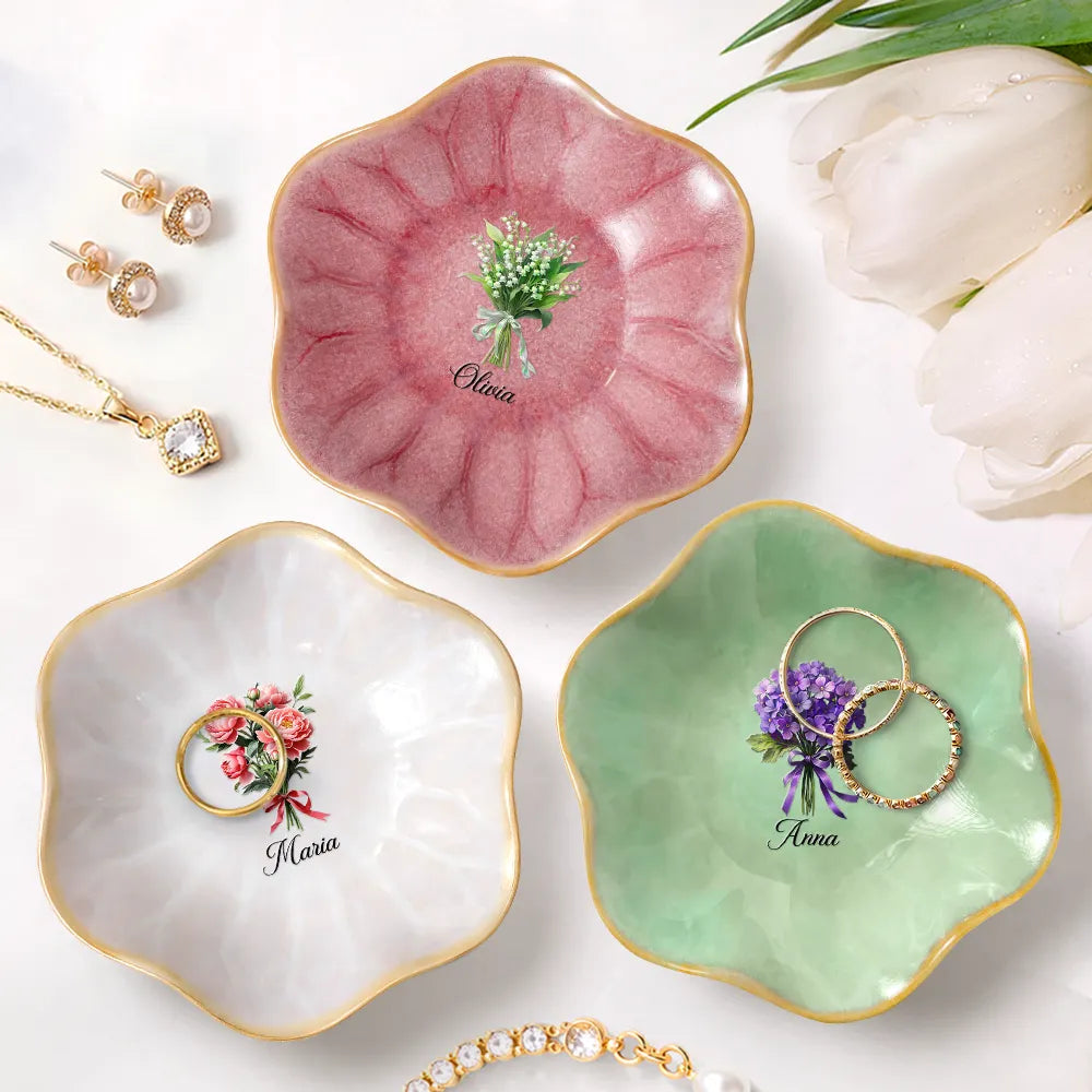 Birth Flower Bouquet Custom Name - Personalized Lotus Jewelry Dish