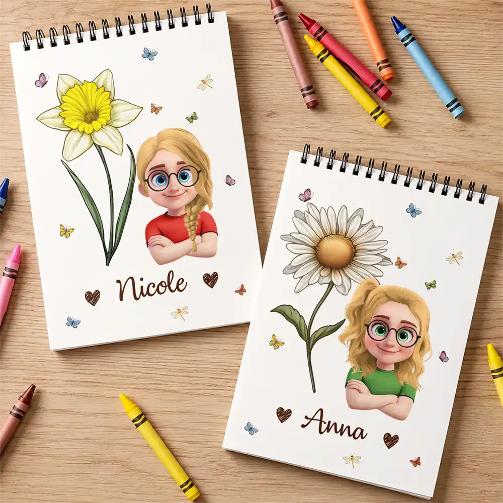 Back To School,Gift For Daughter,Gift For Children,Confident,Vector,Icon - Birth Flower Cartoon Character For Kids, Sisters, Besties - Personalized Sketchbook