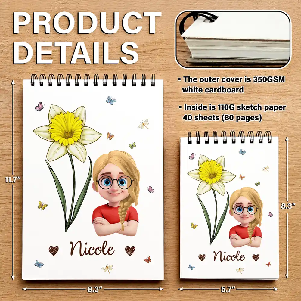 Back To School,Gift For Daughter,Gift For Children,Confident,Vector,Icon - Birth Flower Cartoon Character For Kids, Sisters, Besties - Personalized Sketchbook