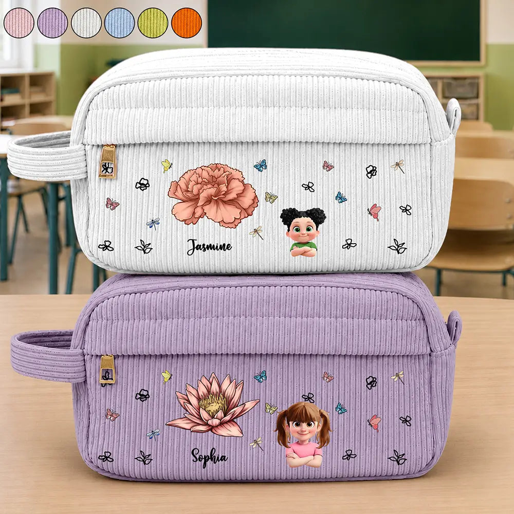 Back To School, Gift For Daughter, Gift For Children, Confident, Vector - Birth Flower Custom Name Cartoon Character - Personalized Corduroy Pencil Case
