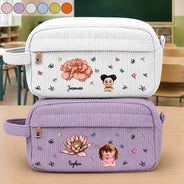 Back To School, Gift For Daughter, Gift For Children, Confident, Vector - Birth Flower Custom Name Cartoon Character - Personalized Corduroy Pencil Case