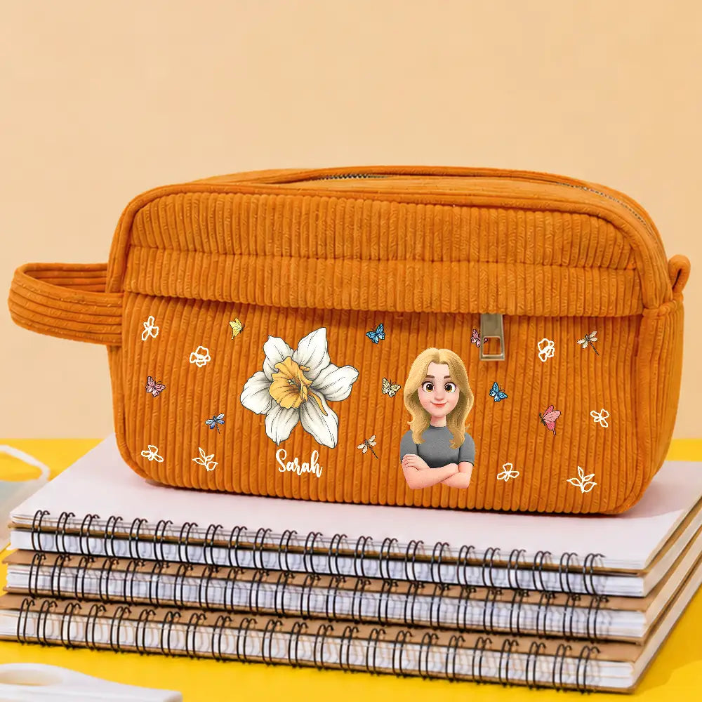 Back To School, Gift For Daughter, Gift For Children, Confident, Vector - Birth Flower Custom Name Cartoon Character - Personalized Corduroy Pencil Case