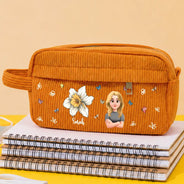 Back To School, Gift For Daughter, Gift For Children, Confident, Vector - Birth Flower Custom Name Cartoon Character - Personalized Corduroy Pencil Case