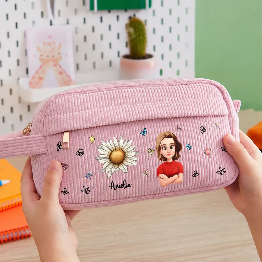 Back To School, Gift For Daughter, Gift For Children, Confident, Vector - Birth Flower Custom Name Cartoon Character - Personalized Corduroy Pencil Case