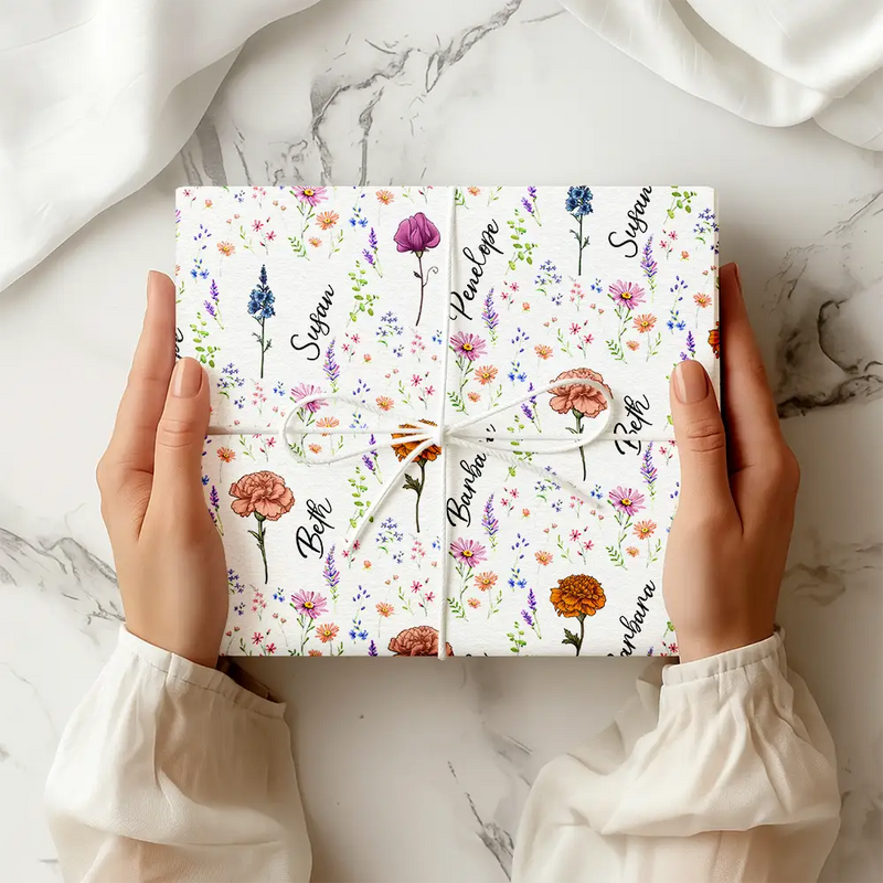 Family,Gift For Women,Happy - Birth Flower Custom Name Family Daughter Sister - Personalized Wrapping Paper