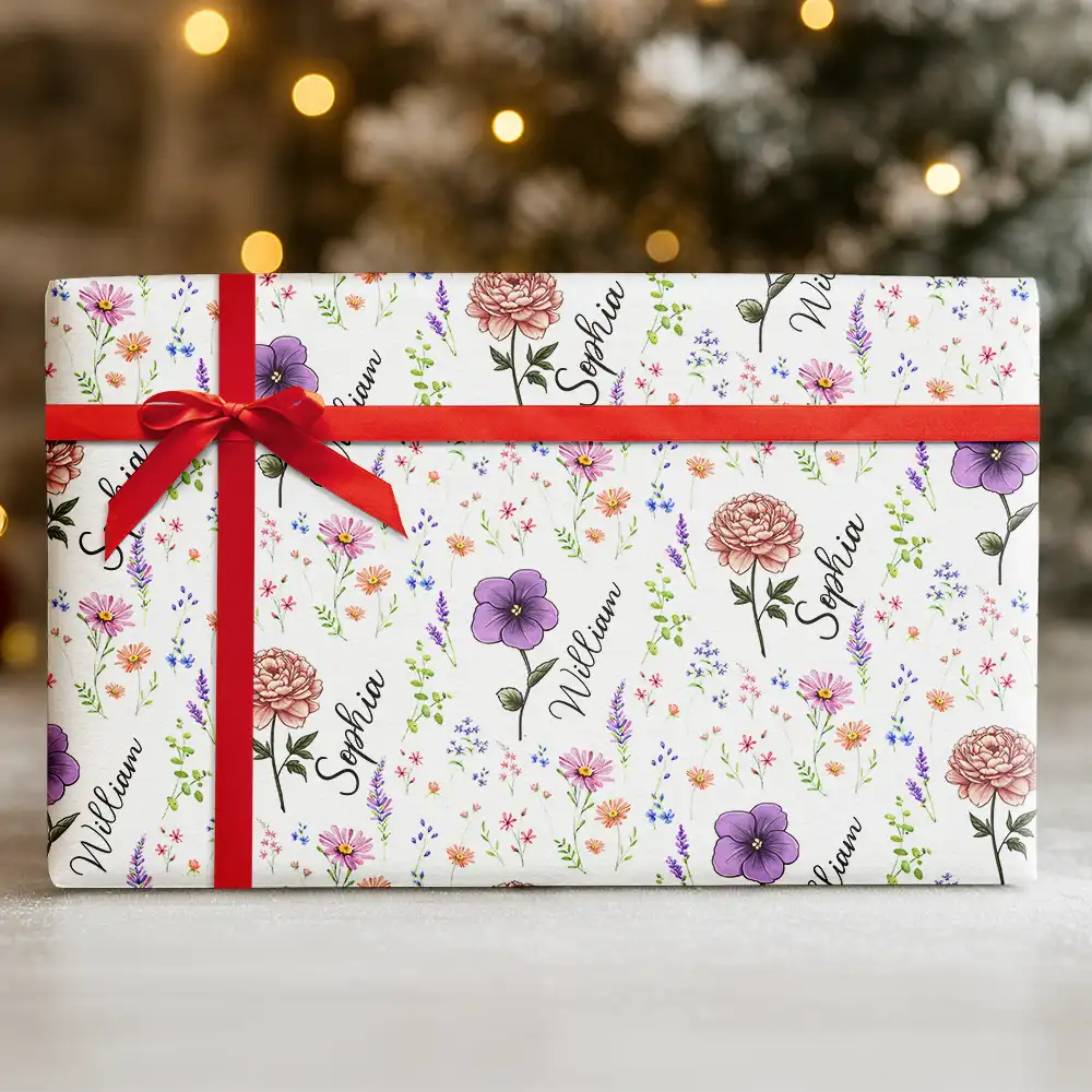 Birth Flower Custom Name Family Daughter Sister - Personalized Wrapping Paper