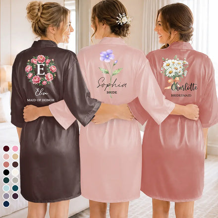 Birth Flower Custom Name For Her, Bridesmaids, Friends, Wife, Mom, Daughter - Personalized Satin Robe