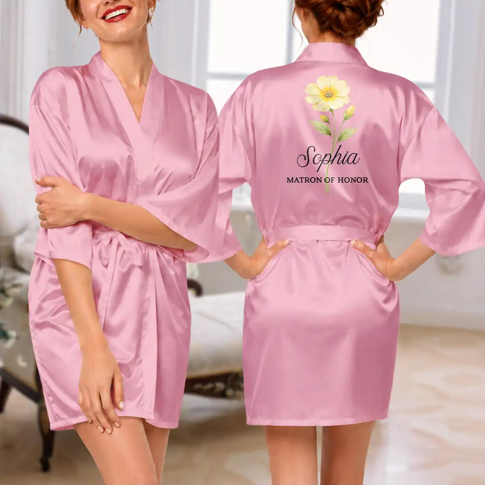 Gift For Yourself, Gift For Women, Bachelorette, Confident, Icon - Birth Flower Custom Name For Her, Bridesmaids, Friends, Wife, Mom, Daughter - Personalized Satin Robe