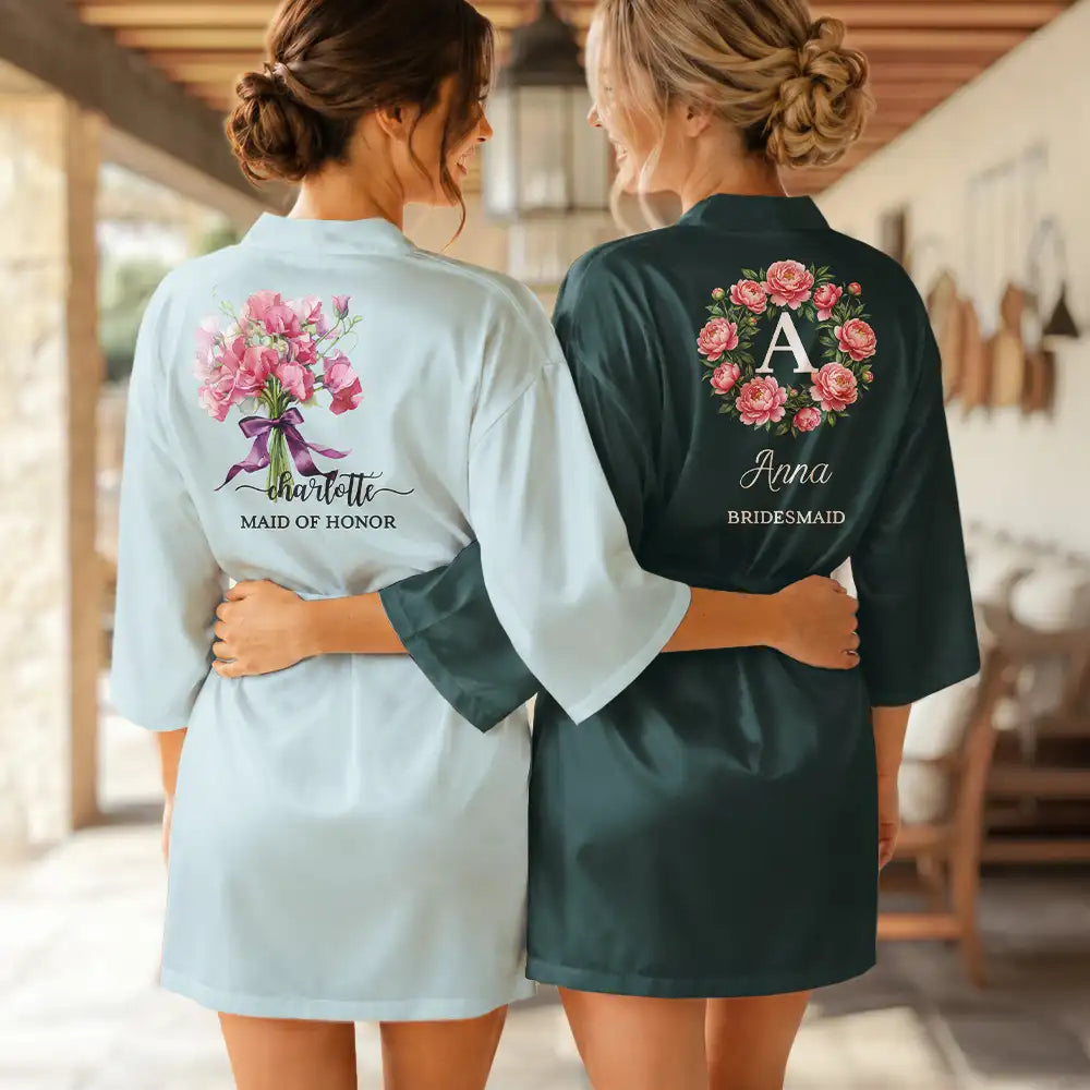 Gift For Yourself, Gift For Women, Bachelorette, Confident, Icon - Birth Flower Custom Name For Her, Bridesmaids, Friends, Wife, Mom, Daughter - Personalized Satin Robe