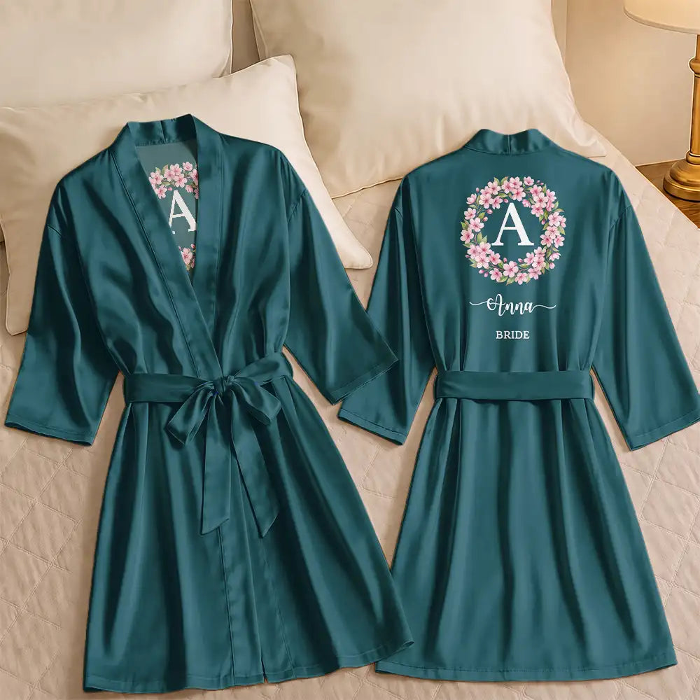 Gift For Yourself, Gift For Women, Bachelorette, Confident, Icon - Birth Flower Custom Name For Her, Bridesmaids, Friends, Wife, Mom, Daughter - Personalized Satin Robe