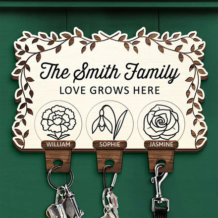 Birth Flower Family Love Grows Here - Personalized Custom Shaped Key Holder