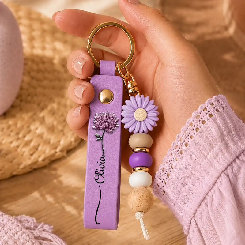 Healing,Gift For Yourself,Gift For Women,Icon - Birth Flower God Says You Are Bible Verse - Personalized Leather Beaded Keychain